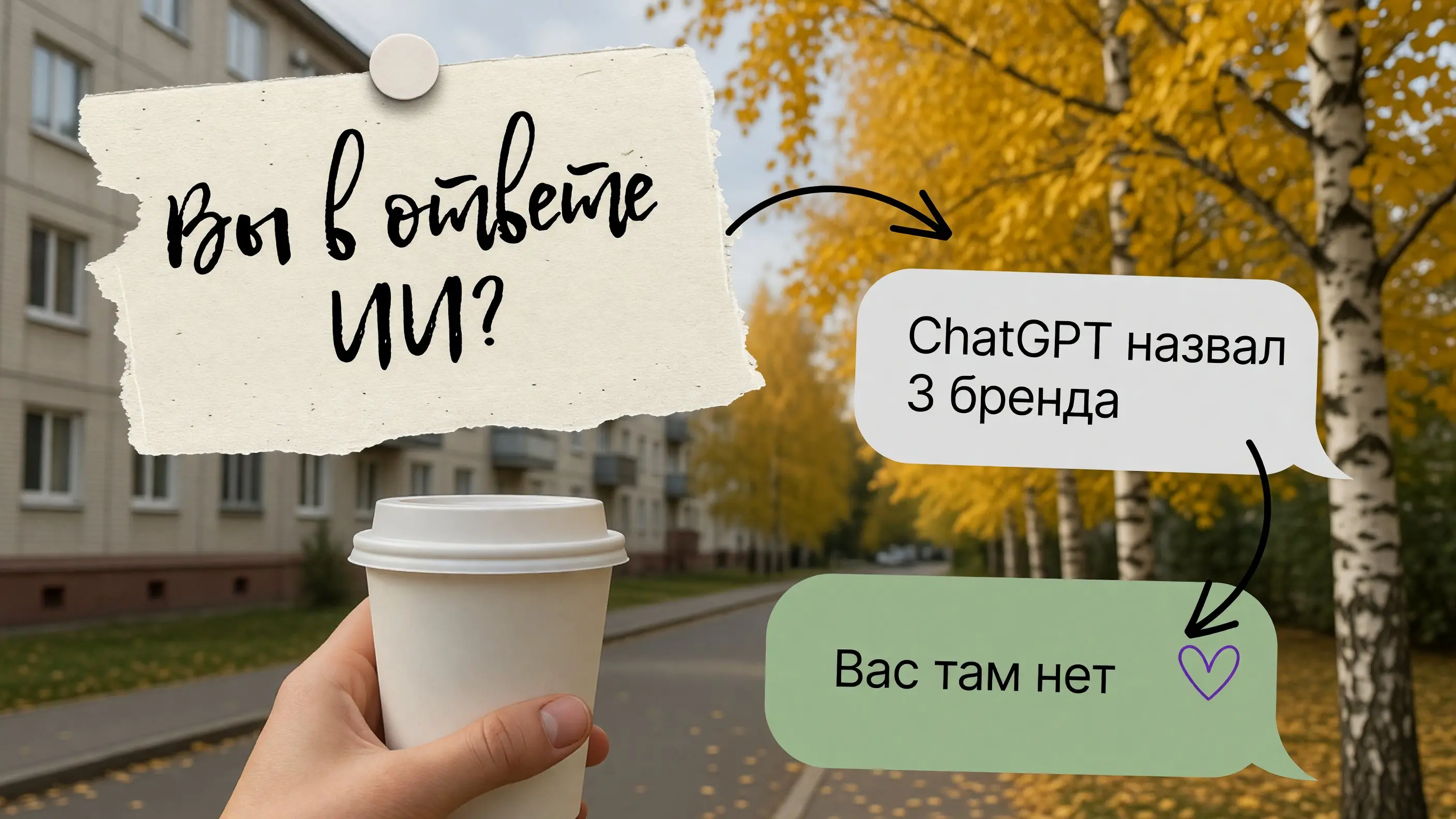 Бумажная записка «Вы в ответе ИИ?» и два чат-пузыря: ChatGPT назвал три бренда, вас там нет